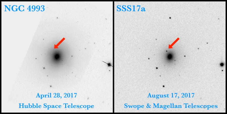 Hubble image of NGC 4993 before GW170817 and Swope discovery image of SSS17a